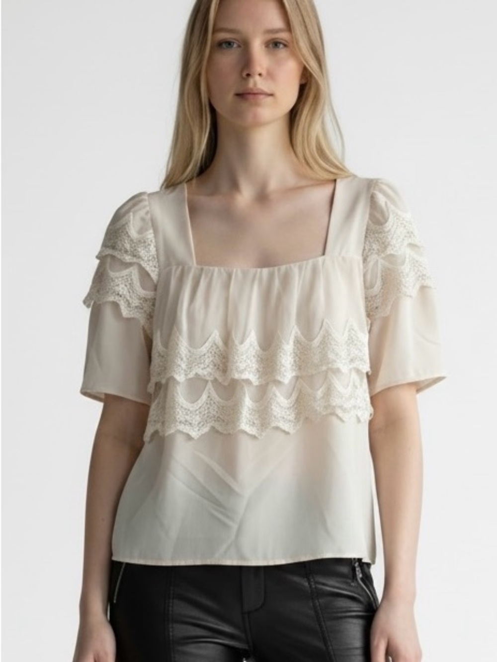 Elegant Cream Lace-Tiered Square-Neck Blouse